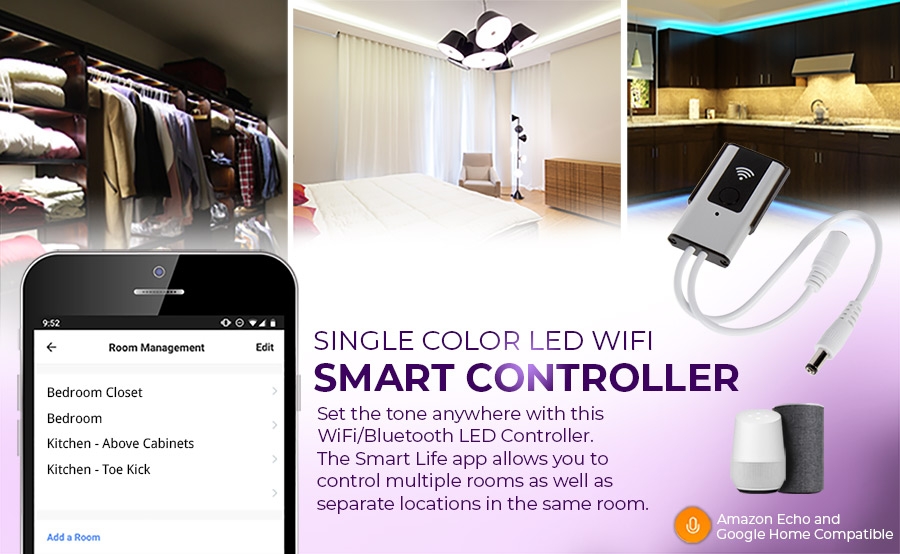 Wi-Fi / Bluetooth Single-Color LED Controller - Alexa / Google Assistant / Smartphone Compatible - 3 Amps/6 Amps - 12-24 VDC